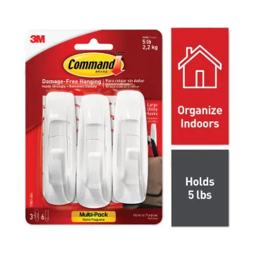 General Purpose Hooks Multi-Pack, Large, 5 lb Cap, White, 3 Hooks and 6 Strips/Pack