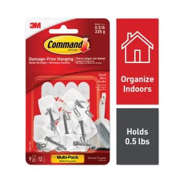 General Purpose Wire Hooks Multi-Pack, Small, 0.5 lb Cap, White, 9 Hooks and 12 Strips/Pack