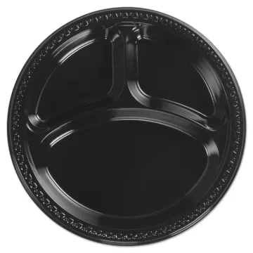 Heavyweight Plastic Plates, 10 1/4 Inch, 3-Comp, Black, Round, 125/pk, 4 Pk/ct