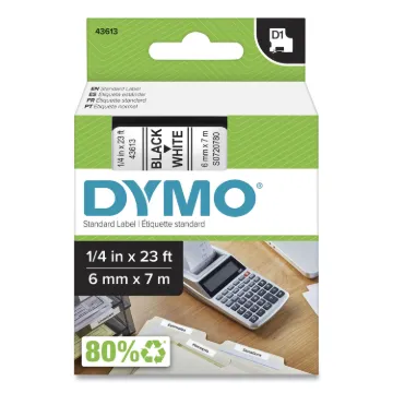 D1 High-Performance Polyester Removable Label Tape, 0.25" x 23 ft, Black on White