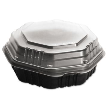 OctaView Hinged-Lid Hot Food Containers, 31 oz, 9.55 x 9.1 x 3, Black/Clear, 100/Carton