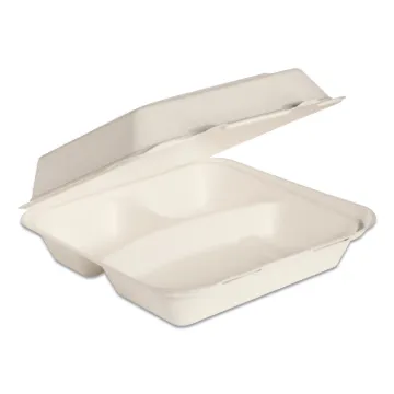 Bare by Solo Eco-Forward Bagasse Hinged Lid Containers, 3-Compartment, 9.6 x 9.4 x 3.2, Ivory, 200/C