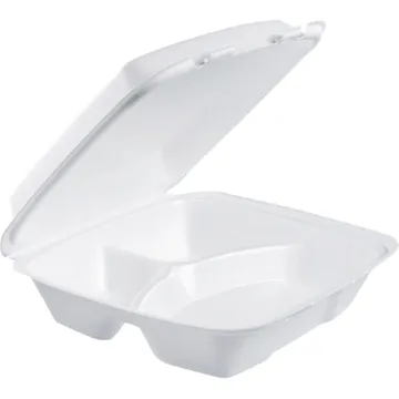 Foam Hinged Lid Container, 3-Compartment, 8 oz, 9 x 9.4 x 3, White, 200/Carton