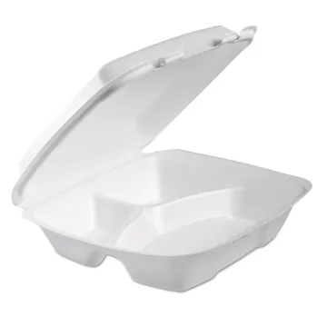 Foam Hinged Lid Container, Performer Perforated Lid, 3-Compartment, 9 x 9.4 x 3, White, 100/Bag, 2 B