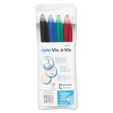 Vis--Vis Wet Erase Marker, Fine Bullet Tip, Assorted Colors, 4/Set