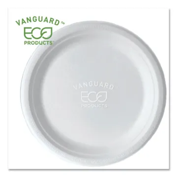 Vanguard Renewable and Compostable Sugarcane Plates, 9", White, 500/Carton