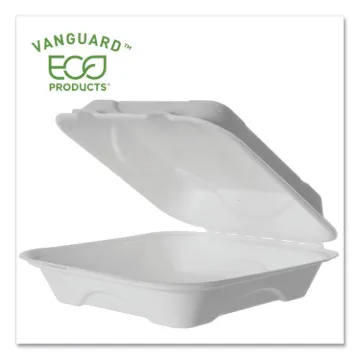 Vanguard Renewable and Compostable Sugarcane Clamshells, 1-Compartment, 9 x 9 x 3, White, 200/Carton