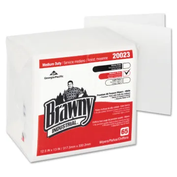 Brawny Industrial Medium Duty DRC Wipers, Quarterfold, 12 1/2 x 13, White, 65/PK