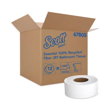 Essential 100% Recycled Fiber JRT Bathroom Tissue, Septic Safe, 2-Ply, White, 1000 ft, 12 Rolls/Cart