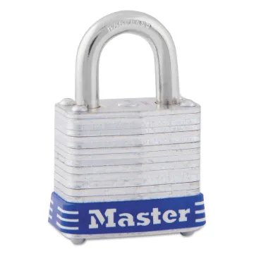 Four-Pin Tumbler Lock, Laminated Steel Body, 1 1/8" Wide, Silver/Blue, Two Keys