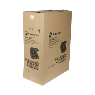 SmartLock Foam Hinged Containers, Large, 3-Compartment, 9 x 9.5 x 3.25, Black, 150/Carton
