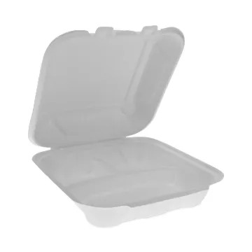 EarthChoice Bagasse Hinged Lid Container, 3-Compartment, Dual Tab Lock, 7.8 x 7.8 x 2.8, Natural, 15