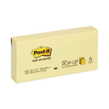 Original Canary Yellow Pop-Up Refill, Lined, 3 x 3, 100-Sheet, 6/Pack