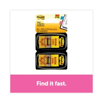 Arrow Message 1" Page Flags, "Sign Here", Yellow, 2 50-Flag Dispensers/Pack