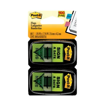 Arrow Message 1" Page Flags, "Sign and Date", Green, 2 50-Flag Dispensers/Pack