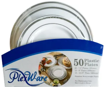 50-piece Set Round White Plates with Silver Rim, 20 Pcs 7.5", 15 Pcs 9", 15 Pcs 10.25",  4/Case