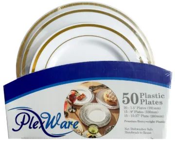 50-piece Set Round White Plates with Golden Rim, 20 Pcs 7.5", 15 Pcs 9", 15 Pcs 10.25",  4/Case