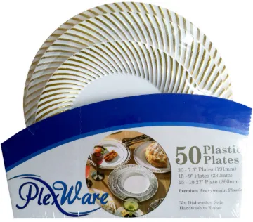 50-piece Set Round White Plates with Golden Swirl Rim, 20 Pcs 7.5", 15 Pcs 9", 15 Pcs 10.25", 4/Case