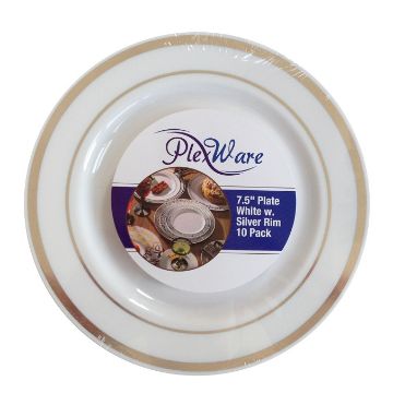 7.5" Round White Plates with Silver Rim, 10/Pack, 12/Case