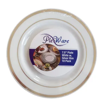7.5" Round White Plates with Silver Rim, 10/Pack, 12/Case