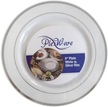 9" Round White Plates with Silver Rim, 10/Pack, 12/Case