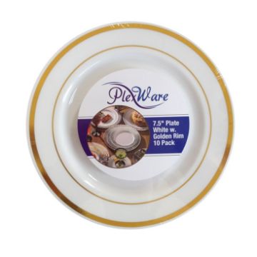 7.5" Round White Plates with Golden Rim, 10/Pack, 12/Case