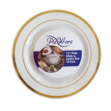 7.5" Round White Plates with Golden Rim, 10/Pack, 12/Case