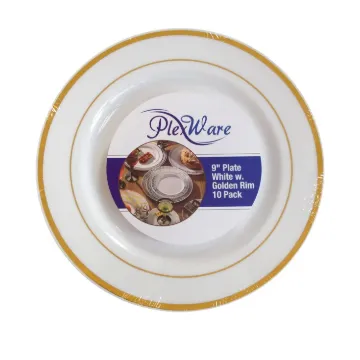 9" Round White Plates with Golden Rim, 10/Pack, 12/Case