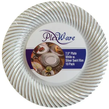 7.5" Round White Plates with Silver Swirl Rim, 10/Pack, 12/Case
