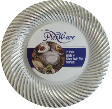 9" Round White Plates with Silver Swirl Rim, 10/Pack, 12/Case