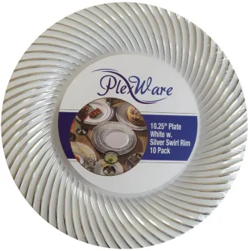 10.25" Round White Plates with Silver Swirl Rim, 10/Pack, 12/Case