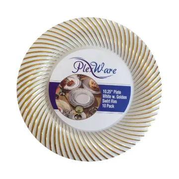10.25" Round White Plates with Golden Swirl Rim, 10/Pack, 12/Case