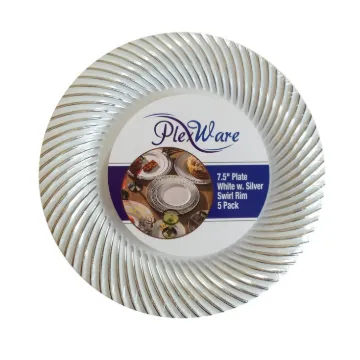 7.5" Round White Plates with Silver Swirl Rim, 5/Pack, 24/Case