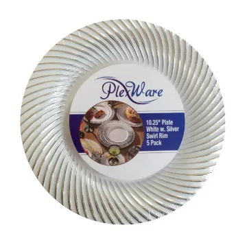 10.25" Round White Plates with Silver Swirl Rim, 5/Pack, 24/Case