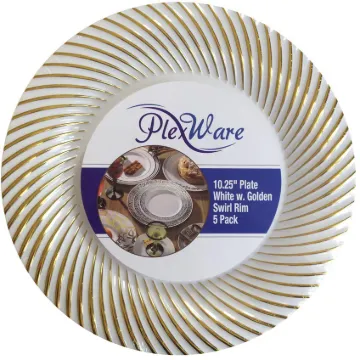 10.25" Round White Plates with Golden Swirl Rim, 5/Pack, 24/Case