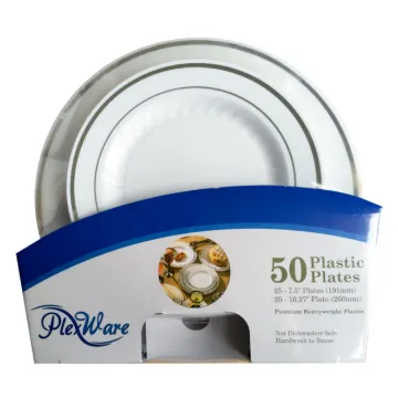 50-piece Set Round White Plates with Silver Rim, 25 Piece 7.5" + 25 Piece 10.25" Display Box, 4/Case