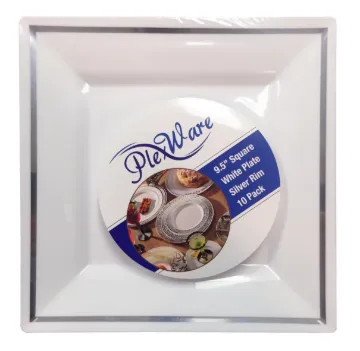 9.2" Square White Plate with Silver Rim, 10/Pack, 12/Case