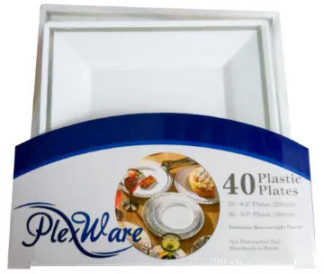 40-piece Set Square White Plates with Silver Rim, 20 Piece 8.2" & 20 Piece 9.5", 4/Case
