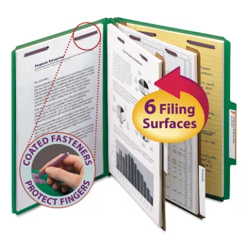 Six-Section Pressboard Top Tab Classification Folders with SafeSHIELD Fasteners, 2 Dividers, Letter