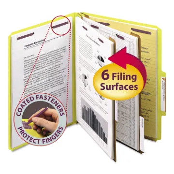 Six-Section Pressboard Top Tab Classification Folders with SafeSHIELD Fasteners, 2 Dividers, Letter