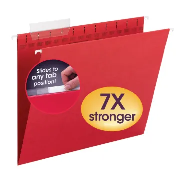 TUFF Hanging Folders with Easy Slide Tab, Letter Size, 1/3-Cut Tab, Red, 18/Box