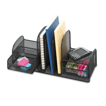 Onyx Mesh Desk Organizer, Three Sections/Two Baskets, 17 x 6 3/4 x 7 3/4, Black
