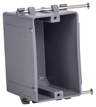 GB BOX-NS18 Switch/Outlet Box, Standard Outlet, 1-Gang, 4-Knockout, PVC, Gray, In-Wall, Nail Mountin