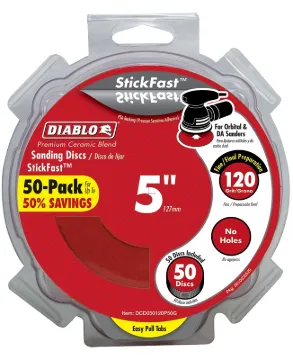 Diablo DCD050120P50G Sanding Disc, 5 in Dia, 120 Grit, Fine, Ceramic Abrasive, Pressure-Sensitive Ad