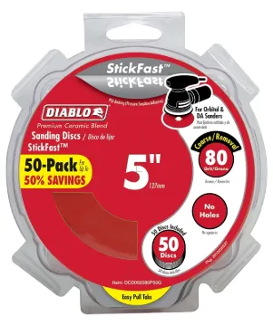Diablo DCD050080P50G Sanding Disc, 5 in Dia, 80 Grit, Coarse, Ceramic Abrasive, Pressure-Sensitive A
