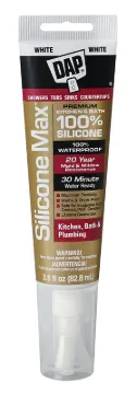 DAP SILICONE MAX 08795 Kitchen and Bath Sealant, Gloss White, 24 hr Curing, -35 to 140 deg F, 2.8 fl