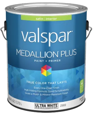 Valspar Medallion Plus 2300 028.0023002.007 Latex Paint, Acrylic Base, Satin, Ultra White Base, 1 ga