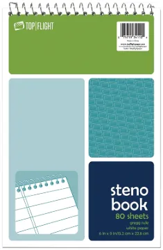 TOP FLIGHT 4600948 Steno Pad, Rule Sheet, 6 in L x 9 in W Sheet, 80-Sheet, White Sheet, Wirebound Bi