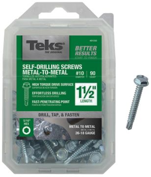 Teks 21332 Screw, #10 Thread, 1-1/2 in L, Coarse Thread, Hex Drive, Self-Drilling, Self-Tapping Poin