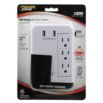 PowerZone ORRUSB346S USB Charger with Surge Protection, 2-Pole, 125 V, 15 A, 6-Outlet, 1200 Joules E